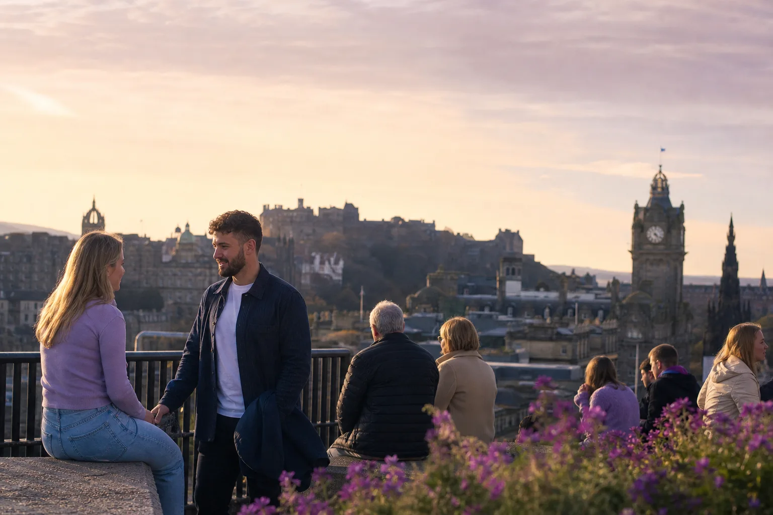 Two people talking over coffee in central Edinburgh