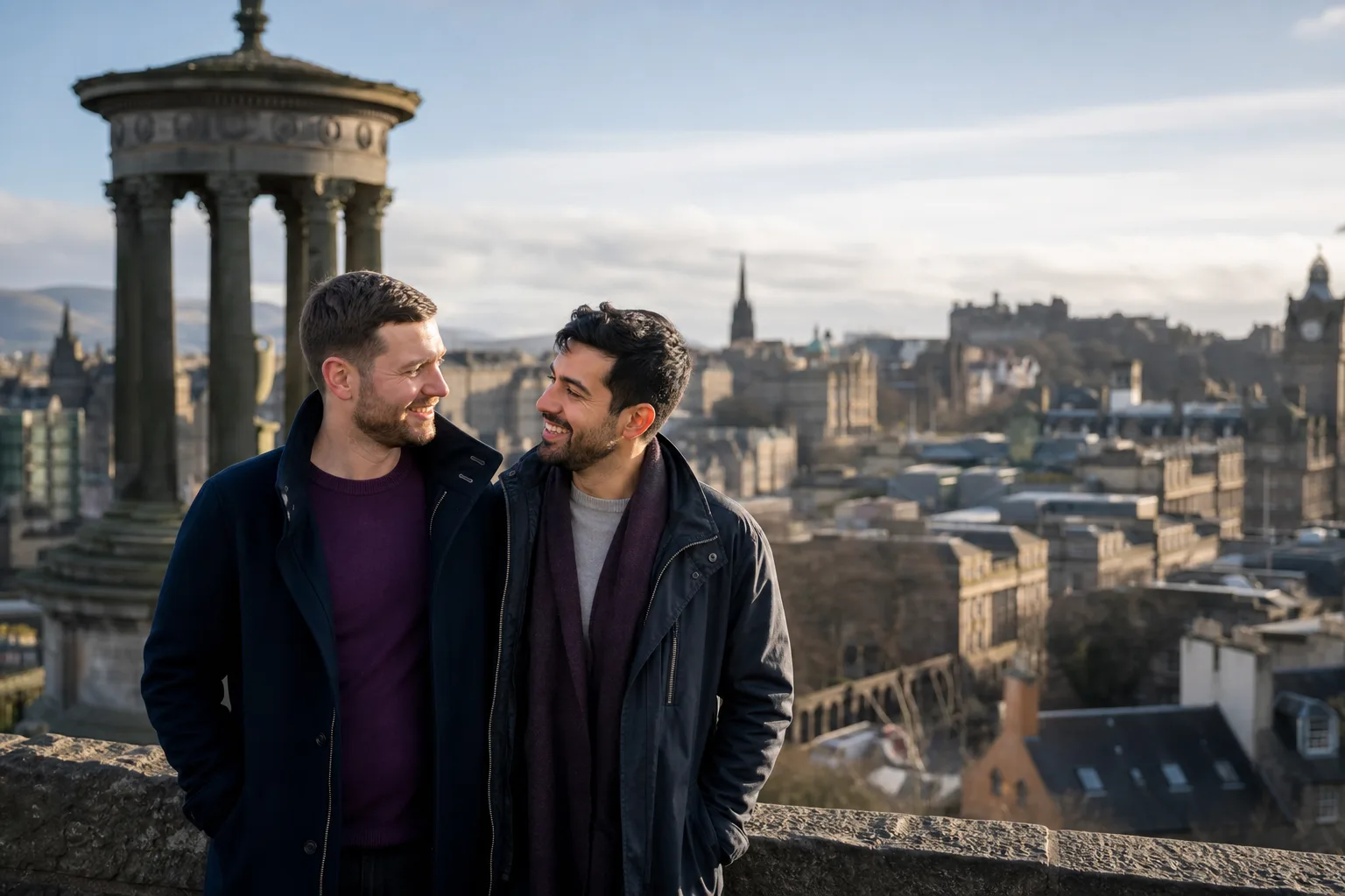 Two men talking over coffee in central Edinburgh
