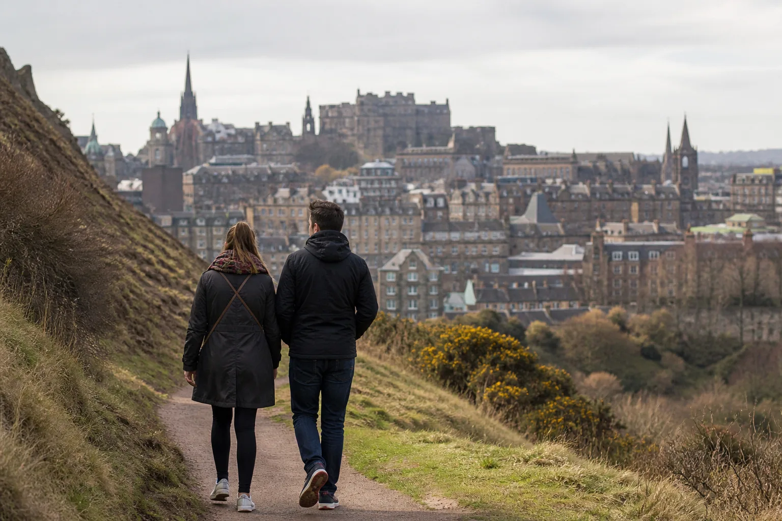 A couple walking beside the Water of Leith in Edinburgh