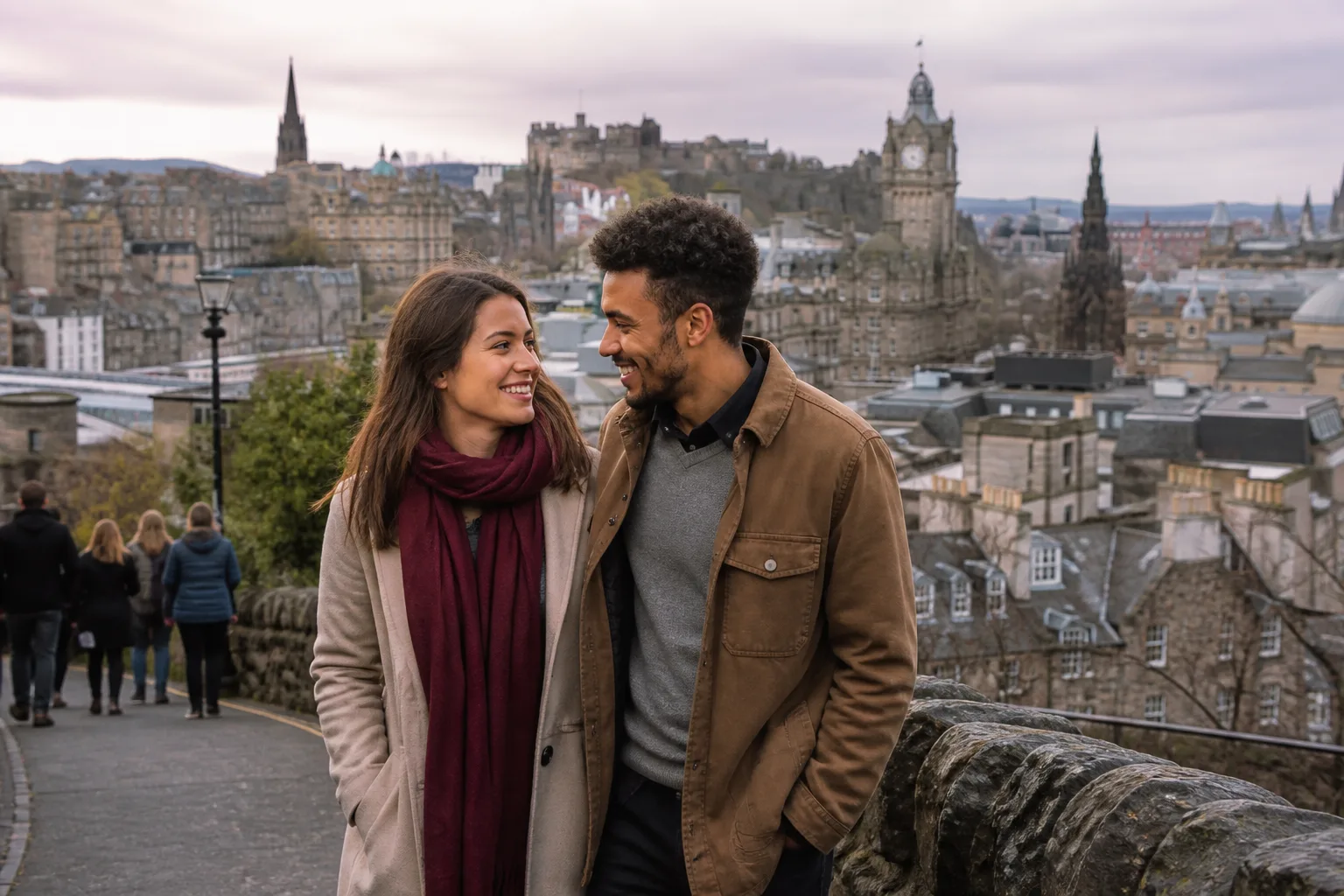 Two people talking over coffee in central Edinburgh
