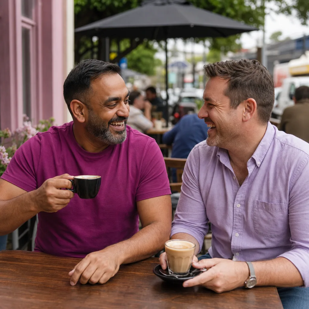 Gay couple walking together on a street in Edinburgh