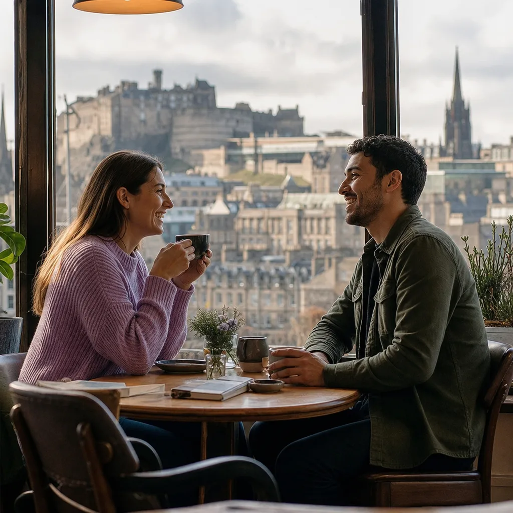 Coffee cups on a café table with an Edinburgh street outside