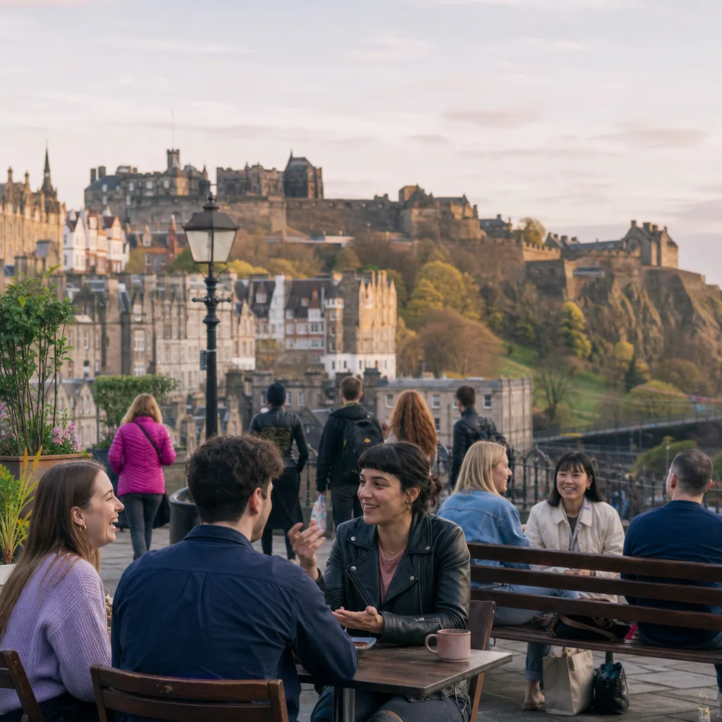 Two adults meeting in a busy public place in Edinburgh