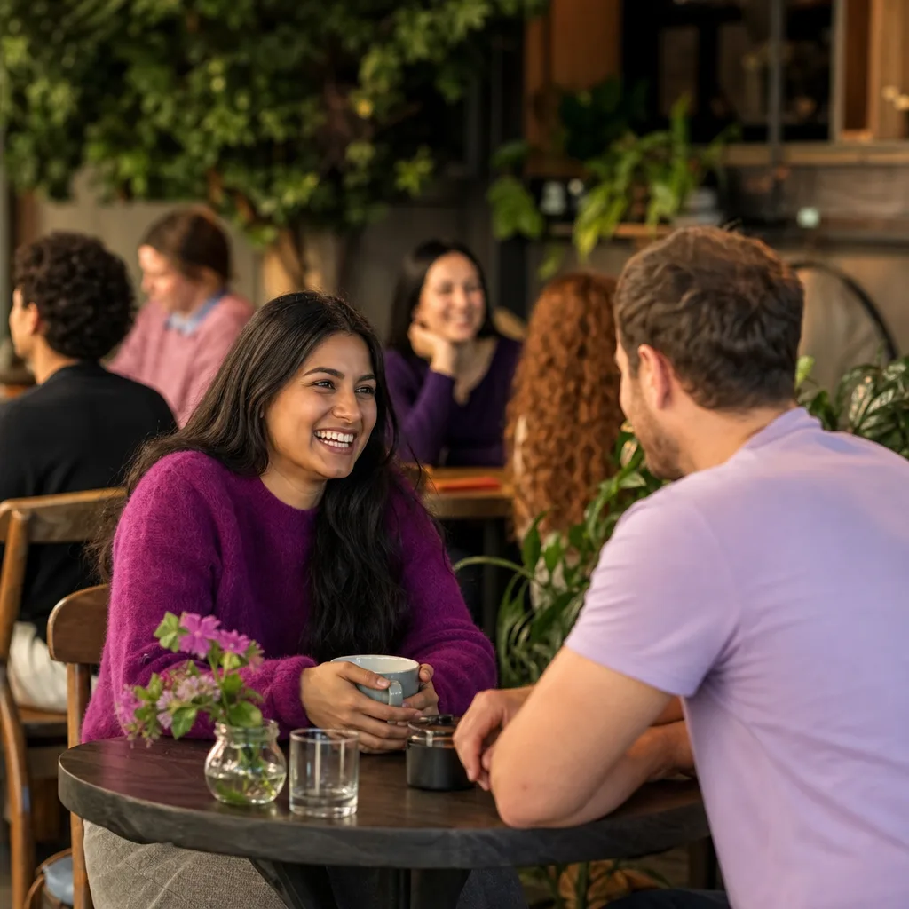 Two adults meeting in a bright public café in Edinburgh