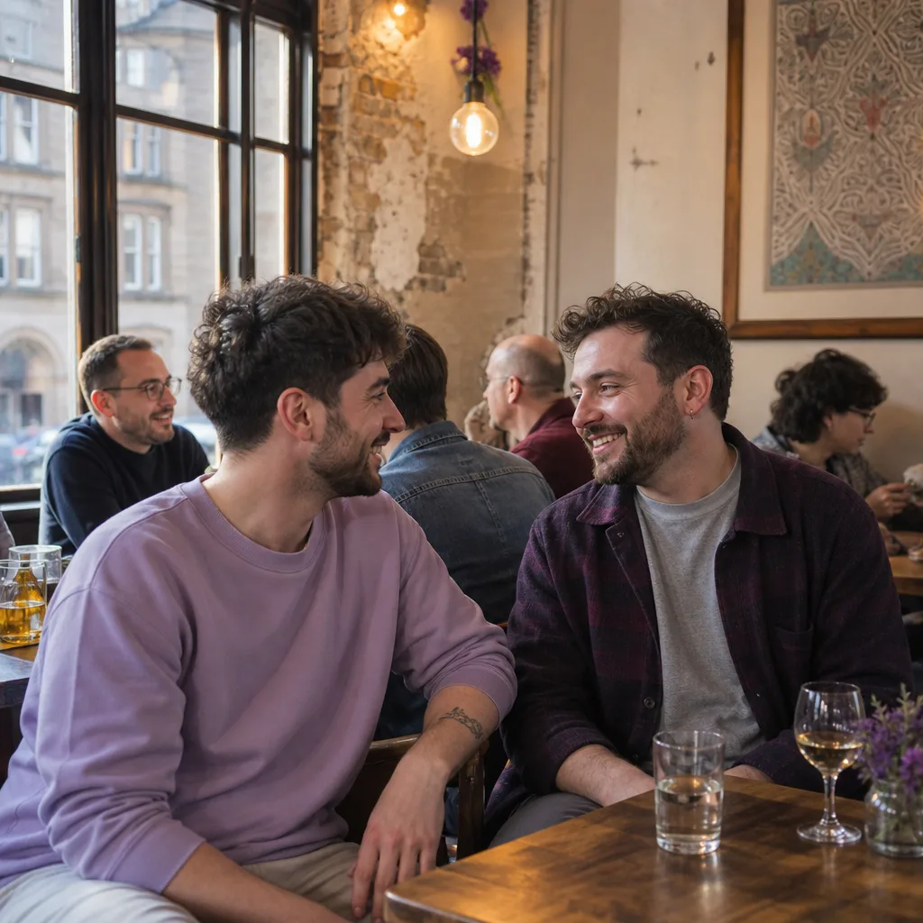 Two men meeting for a relaxed first date in Edinburgh