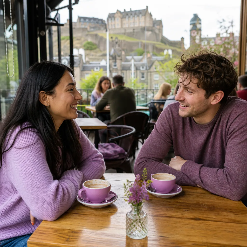 Two adults meeting in a well-lit Edinburgh cafe